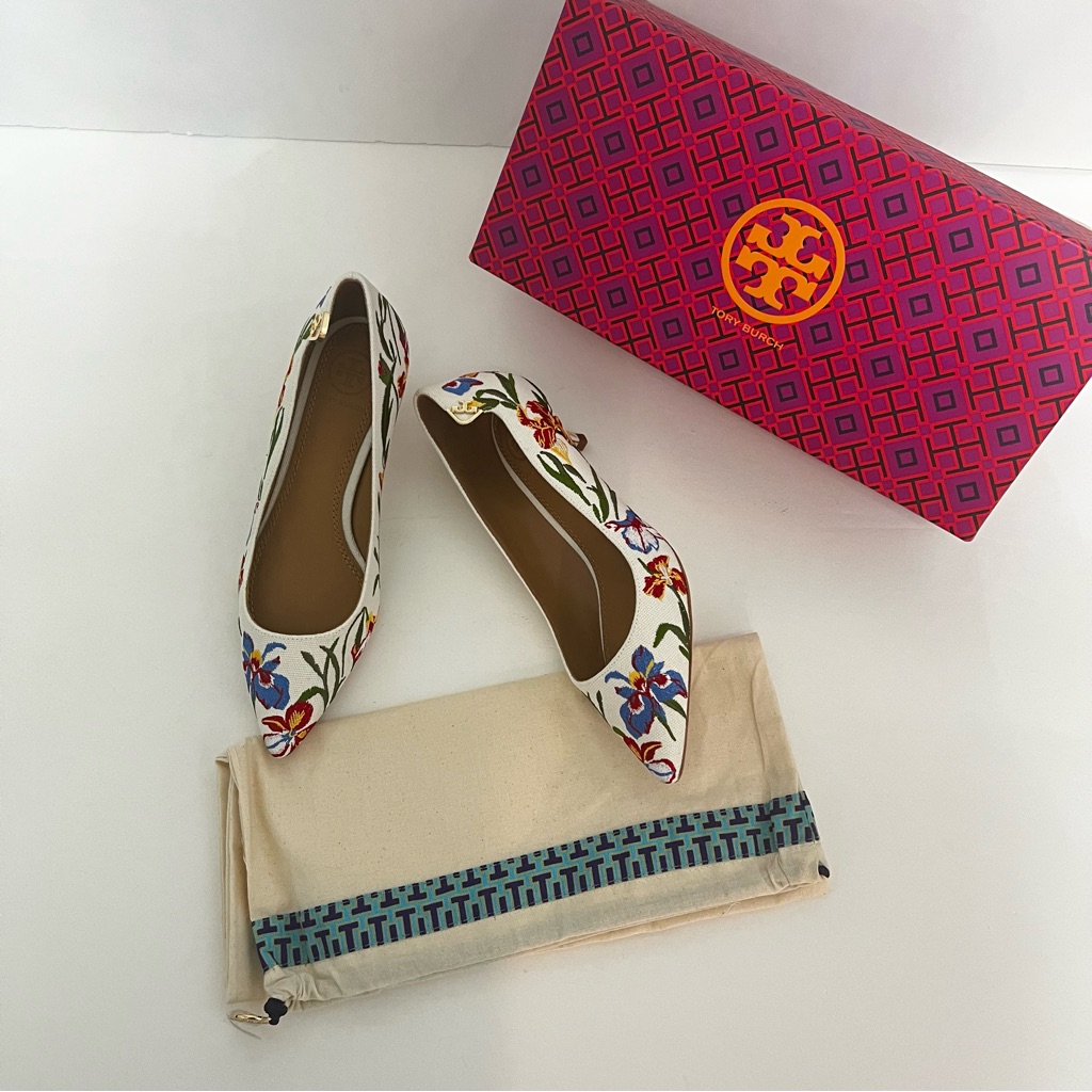 Tory Burch Multicolor Floral Embroidered Canvas Kitten Pump New N Box W/Dust Bag